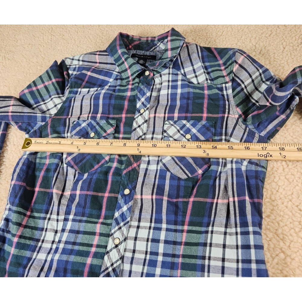 Tommy Hilfiger Women's Plaid Western Shirt Medium Blue Pink Snap Front Cotton - Picture 6 of 8